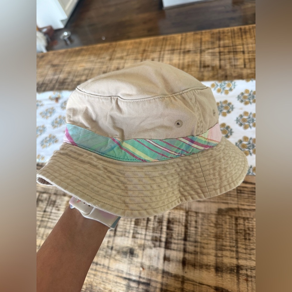 Polo by Ralph Lauren Tan Bucket Hat with Pastel Plaid Band and Teal Logo small - Picture 4 of 5